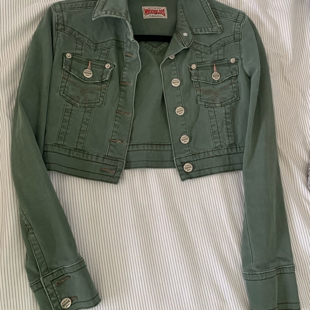 Army green colored cropped denim jacket